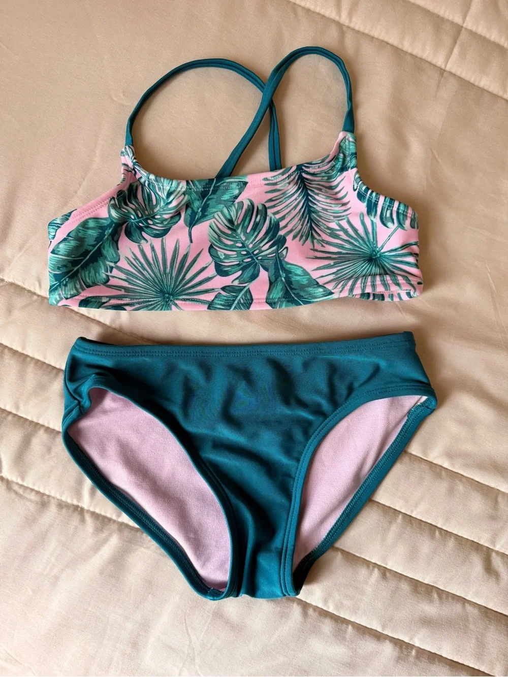 art class Tropical Palm Print Girls Swim Set in Pink and Teal